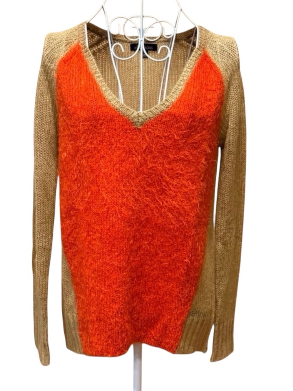 Fuzzy Colorblock Sweater Orange Tan V-Neck Knit Pullover XS